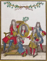 Den franske kongefamilie holder et portræt af Louis XIV, slutningen af det syttende århundrede (farvegravering)